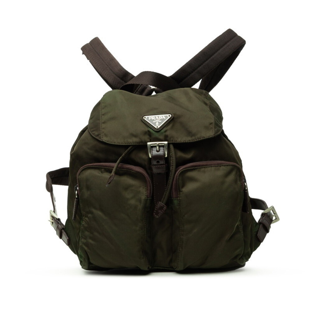Prada Triangle Logo Plate Vera Backpack/Daypack B5885 Khaki Nylon Leather Wom...